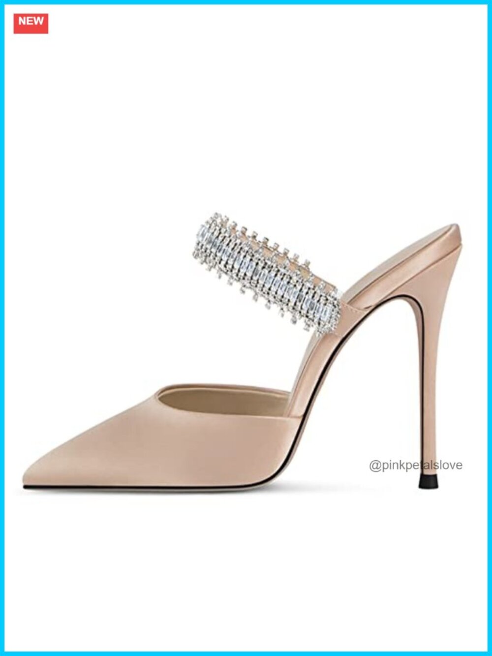 BlingQueen Women Heeled Mules Rhinestone Pointed Toe Satin Stiletto Slip On